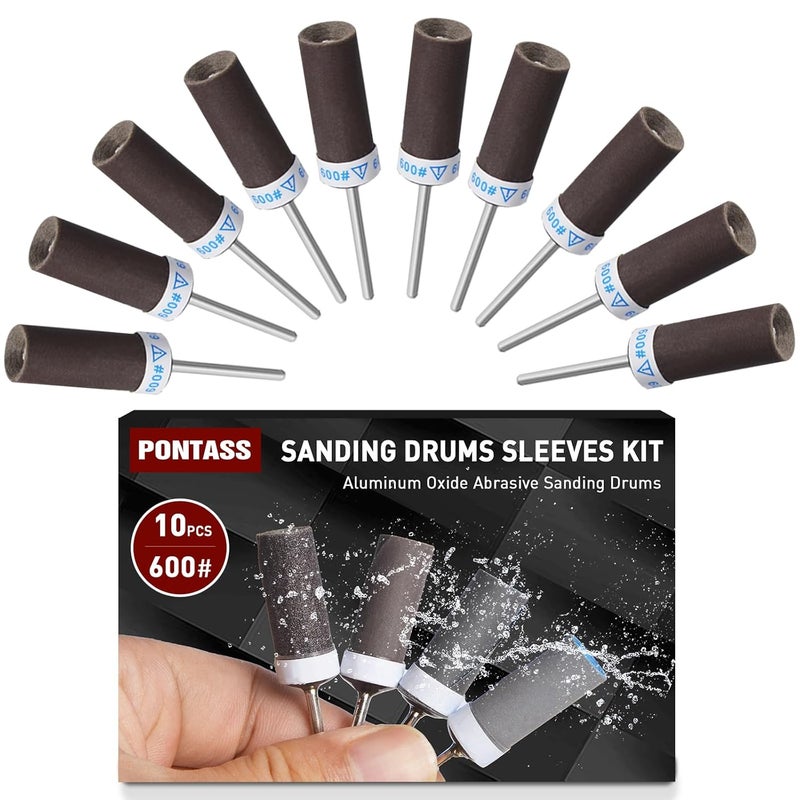 PONTASS 10Pcs 600 Grit Sanding Drums Sandpaper Sticks Set with 1/8"(3mm) Shank for Dremel Rotary Tool, Suitable for Metal Rust Removal/Jade Polishing/Stone Grinding - Image 1